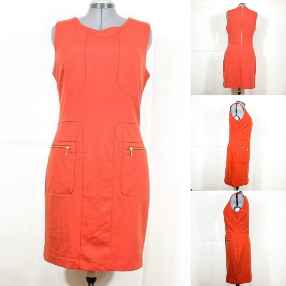 Sharagano NWOT Sz14 Patch Pockets Lined Gold Zipper Sleeveless Sheath Dress